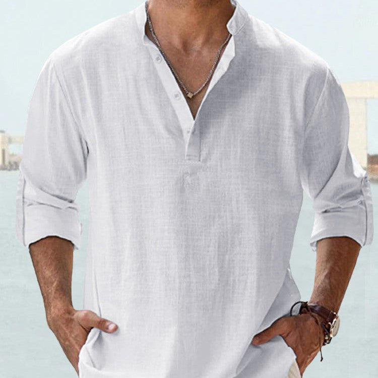 Camisa de Algodón y Lino para Hombre - Manga Larga Holgada Casual Talla Plus