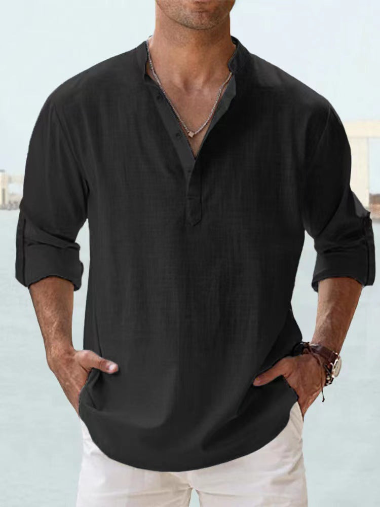 Camisa de Algodón y Lino para Hombre - Manga Larga Holgada Casual Talla Plus