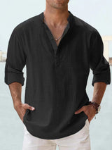 Camisa de Algodón y Lino para Hombre - Manga Larga Holgada Casual Talla Plus