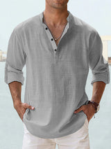 Camisa de Algodón y Lino para Hombre - Manga Larga Holgada Casual Talla Plus