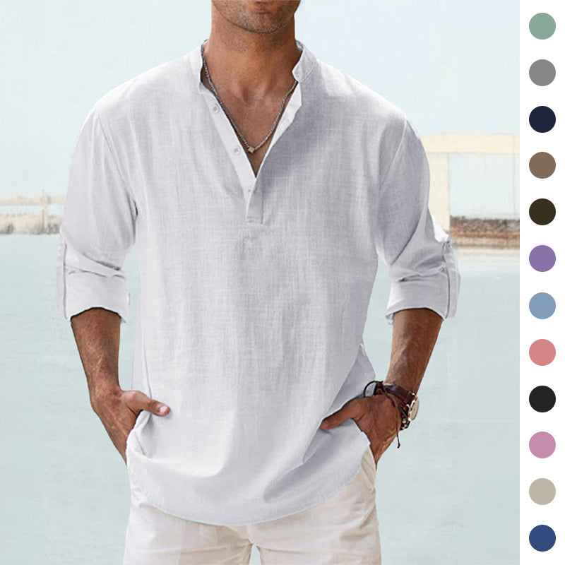 Camisa de Algodón y Lino para Hombre - Manga Larga Holgada Casual Talla Plus