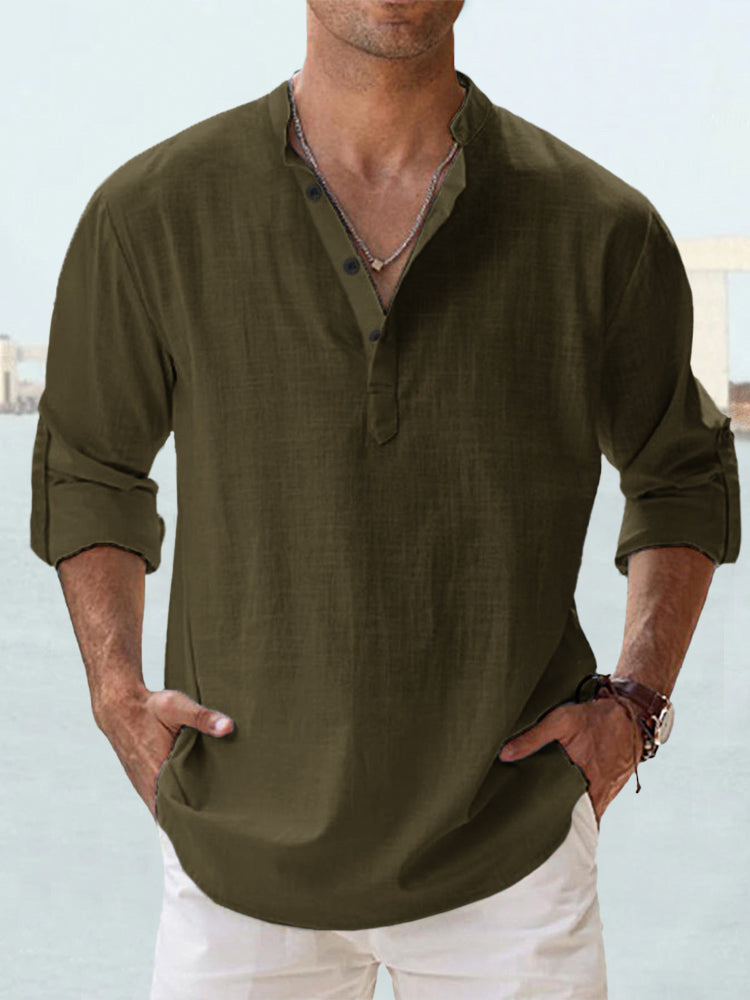 Camisa de Algodón y Lino para Hombre - Manga Larga Holgada Casual Talla Plus