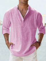 Camisa de Algodón y Lino para Hombre - Manga Larga Holgada Casual Talla Plus