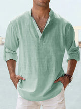 Camisa de Algodón y Lino para Hombre - Manga Larga Holgada Casual Talla Plus